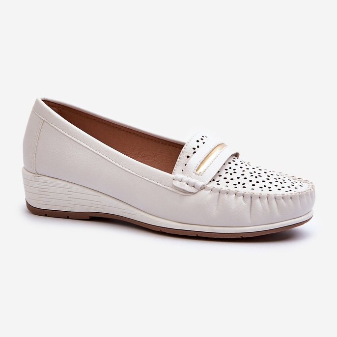 Mocassins femininos com padrão vazado em couro ecológico, Dusty White Nassnema branco 1