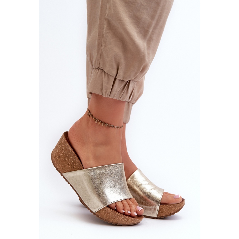 Zazoo 40289 chinelos femininos de couro com cunha de cortiça, dourados 2