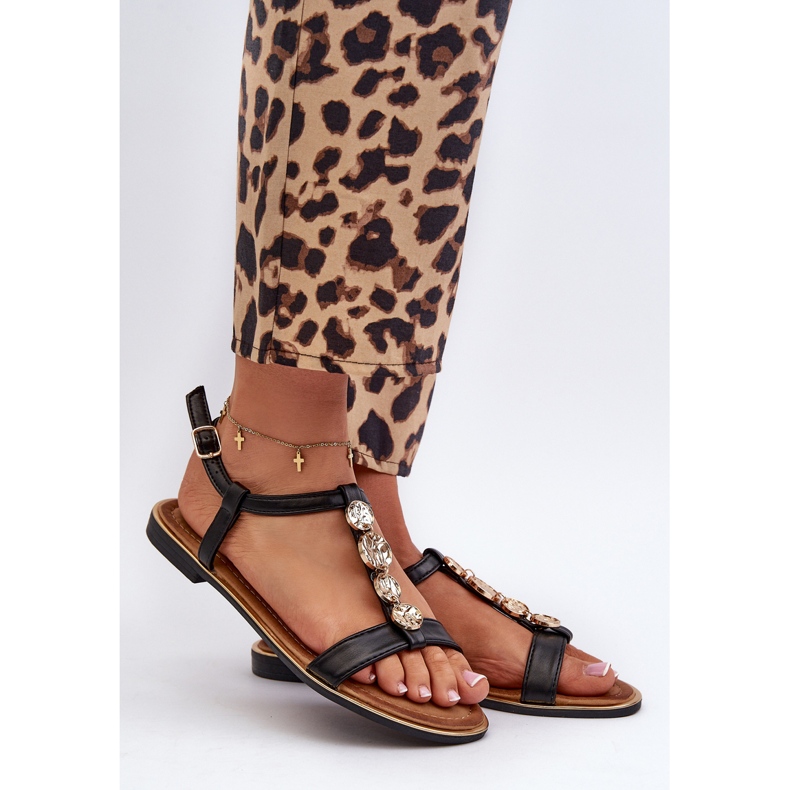 Sandálias rasteiras femininas com enfeites pretas Muridia preto 1