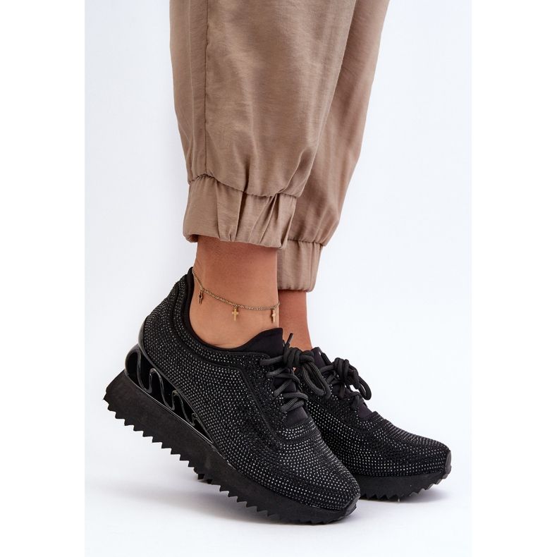 S.Barski Tênis feminino de cunha decorado com zircões D&amp;A MR38-377 preto 2