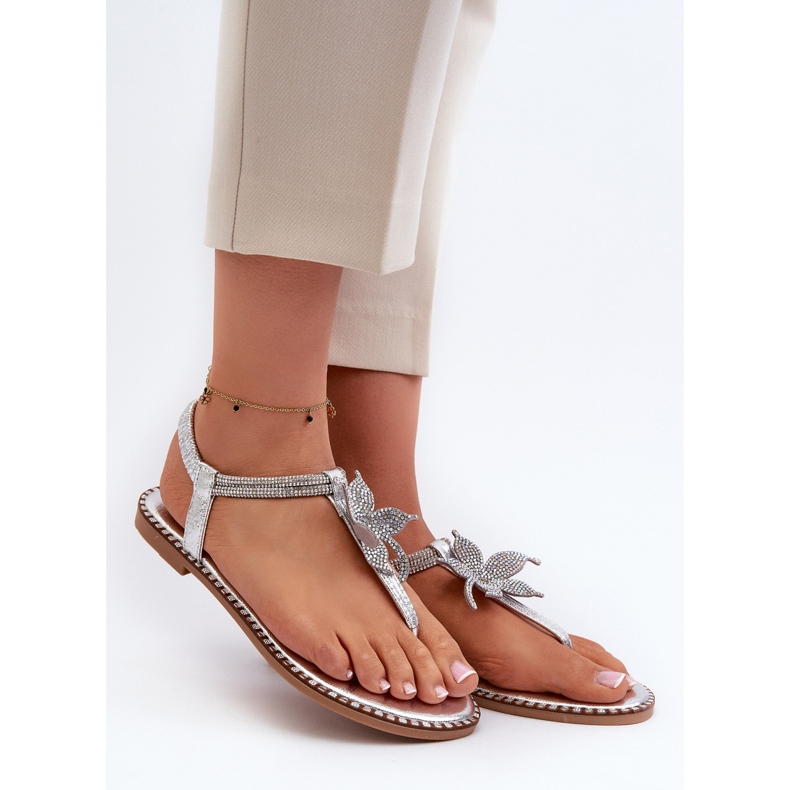 Sandálias rasteiras femininas com flor decorativa, Silver Edoni prata 1