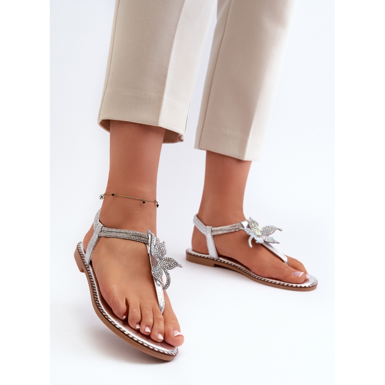 Sandálias rasteiras femininas com flor decorativa, Silver Edoni prata 2