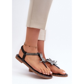 Sandálias rasteiras femininas com flor decorativa, Black Edoni preto 1