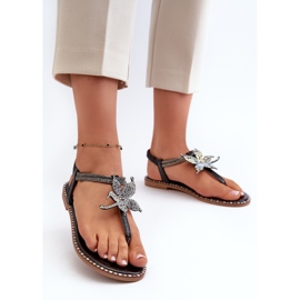 Sandálias rasteiras femininas com flor decorativa, Black Edoni preto 2