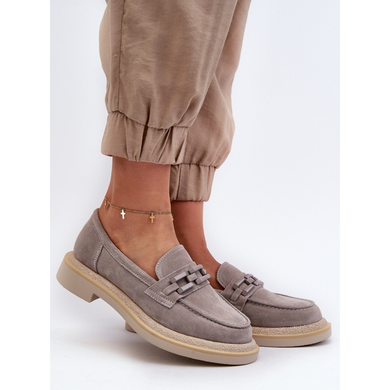 S.Barski Mocassins femininos de camurça com salto plano e decoração D&amp;A TW101 cinza 1