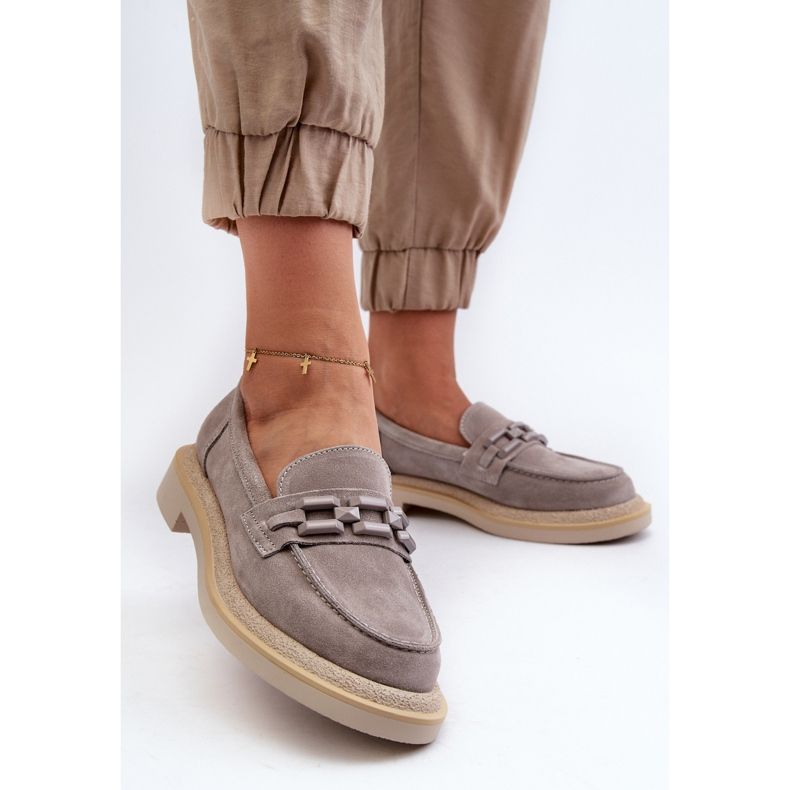 S.Barski Mocassins femininos de camurça com salto plano e decoração D&amp;A TW101 cinza 2