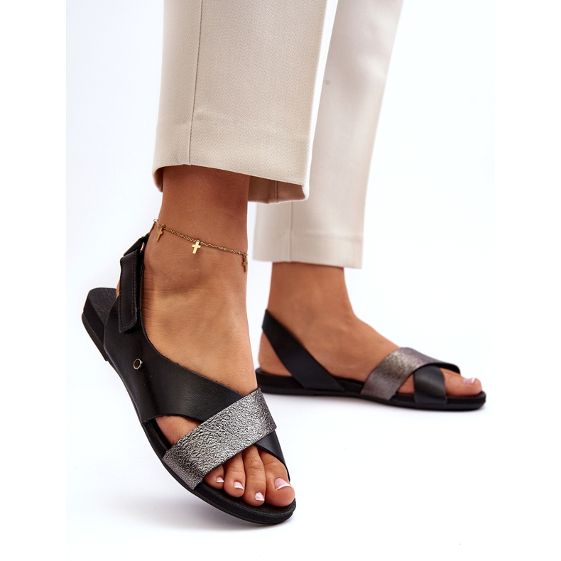 Zazoo 40141 Sandálias de couro com velcro, pretas preto 1