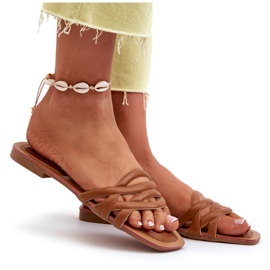 Chinelos de couro ecológico de salto plano marrom castanho 7