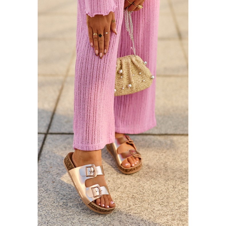 Evento Chinelos Femininos em Plataforma de Cortiça com Fivelas, Ouro Rosa, Klinesta dourado 1