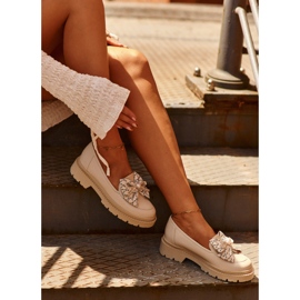 Mocassins femininos de couro com laço Laura Messi 2787 Bege Claro 2