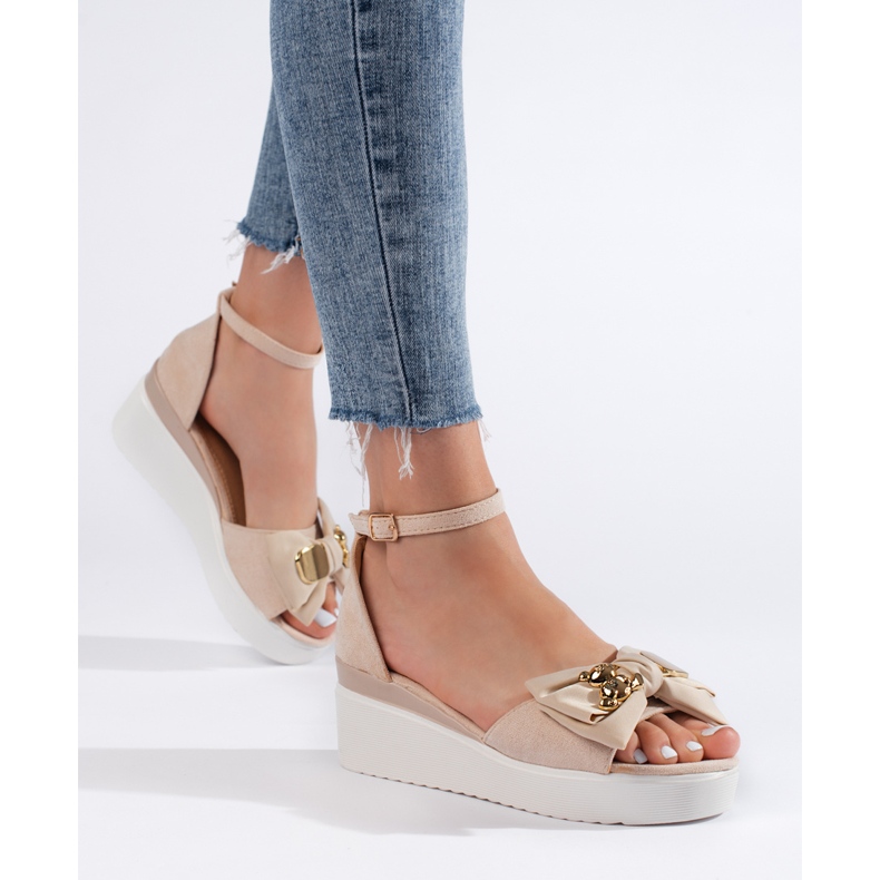 Seastar Sandálias femininas bege de cunha com laço 1
