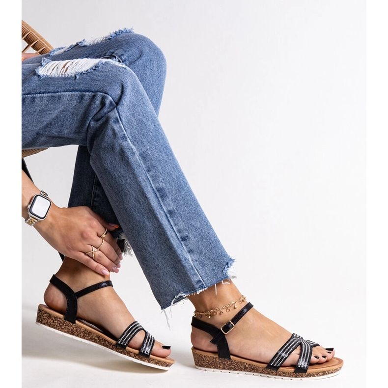 Sandálias pretas de cunha baixa Saila preto 1