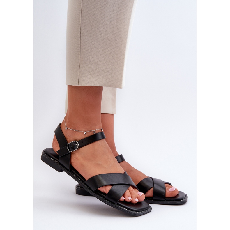 Sandálias femininas rasas em couro ecológico S.Barski KV27-003 pretas preto 1