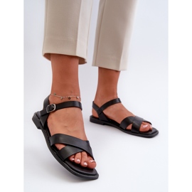 Sandálias femininas rasas em couro ecológico S.Barski KV27-003 pretas preto 2