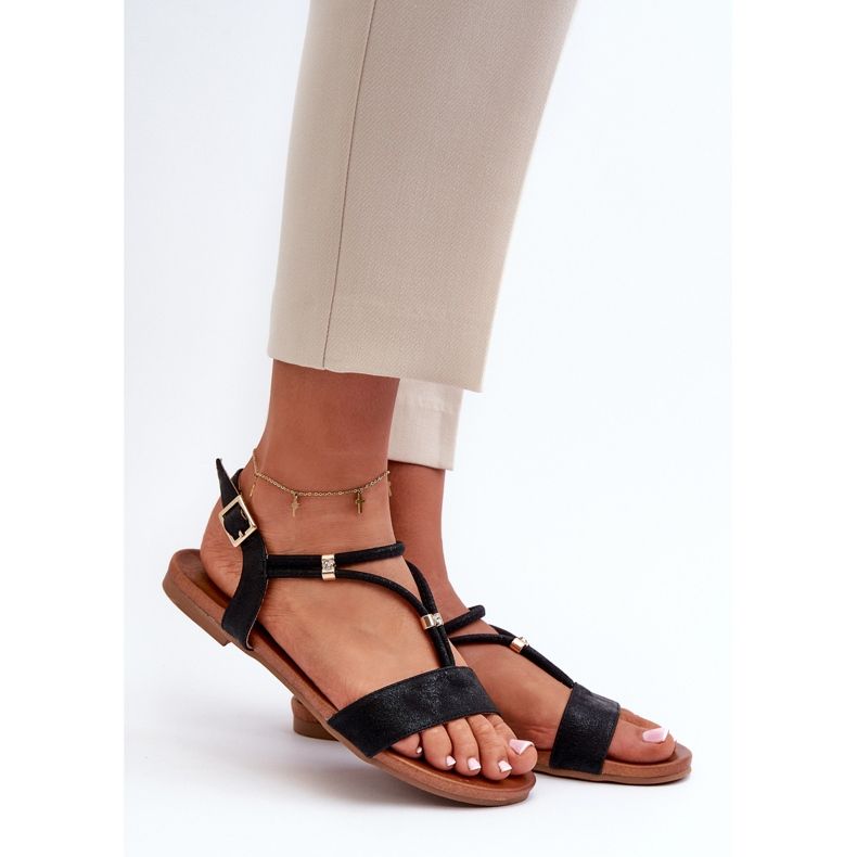 Sandálias rasteiras femininas com alças S.Barski KV27-010 pretas preto 1