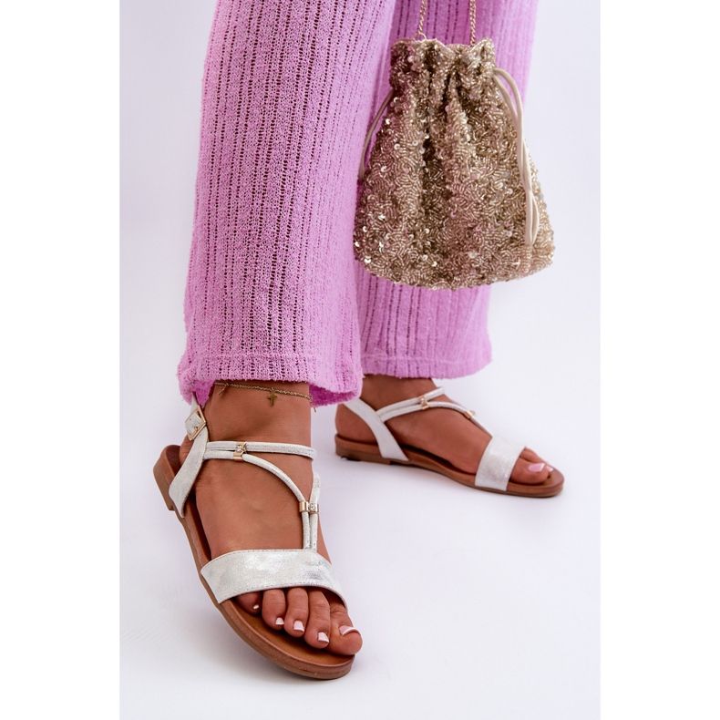 Sandálias rasteiras femininas com alças S.Barski KV27-010 brancas e prateadas prata 1