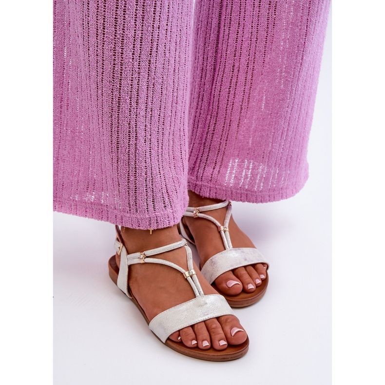 Sandálias rasteiras femininas com alças S.Barski KV27-010 brancas e prateadas prata 2