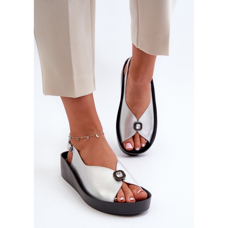 Sandálias Femininas de Couro em Cunha e Plataforma S.Barski KV27-020 Prata 2