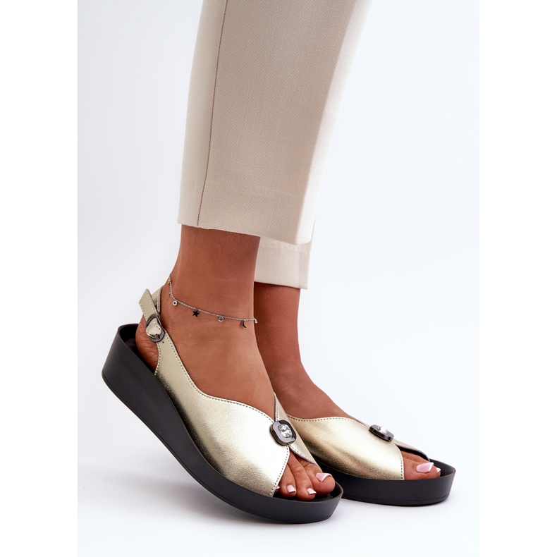 Sandálias femininas de couro com cunha e plataforma S.Barski KV27-020 douradas dourado 1