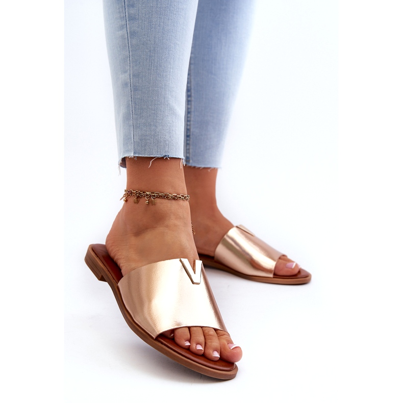Evento Chinelos femininos de couro ecológico com salto plano, Gold Maliha 2