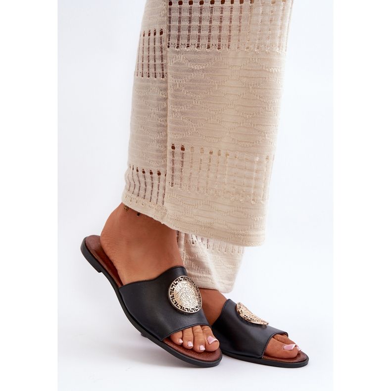 Zazoo 2938 chinelos planos de couro com decoração, pretos 1