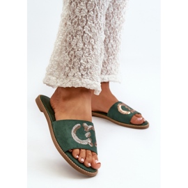 Chinelos planos femininos com lantejoulas S.Barski KV27-052 verdes 2