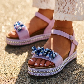 Sandálias Femininas Em Cunha E Plataforma Com Decorações S.Barski HY056 Roxo tolet 2