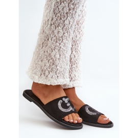 Chinelos planos femininos com lantejoulas S.Barski KV27-052 pretos 2