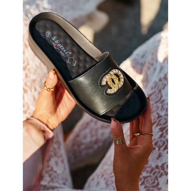 Chinelos femininos elegantes e leves com decoração, couro natural S.Barski KV27-013, preto 2