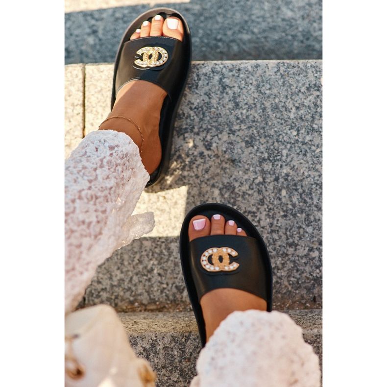 Chinelos femininos elegantes e leves com decoração, couro natural S.Barski KV27-013, preto 1