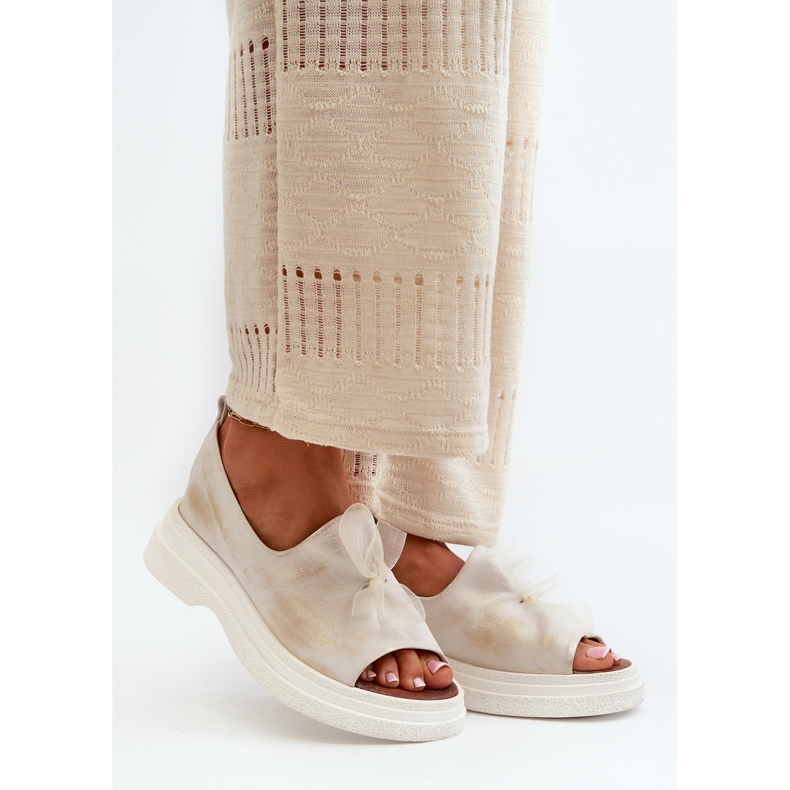 Zazoo 2939 Sandálias femininas de couro com laço, ouro escovado branco 2