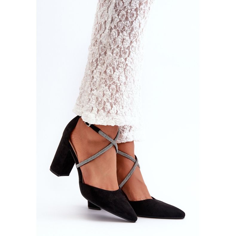 Bombas de salto alto em camurça ecológica com zircônias cúbicas, Lagra preta preto 1