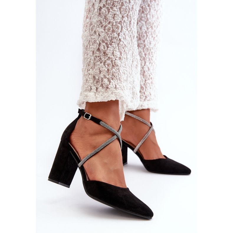 Bombas de salto alto em camurça ecológica com zircônias cúbicas, Lagra preta preto 2