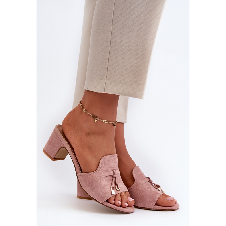 Chinelos femininos com salto alto em camurça ecológica, rosa Jemenna 1