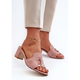 Chinelos femininos com salto alto em camurça ecológica, rosa Jemenna 2 Chinelos femininos com salto alto em camurça ecológica, rosa Jemenna 2