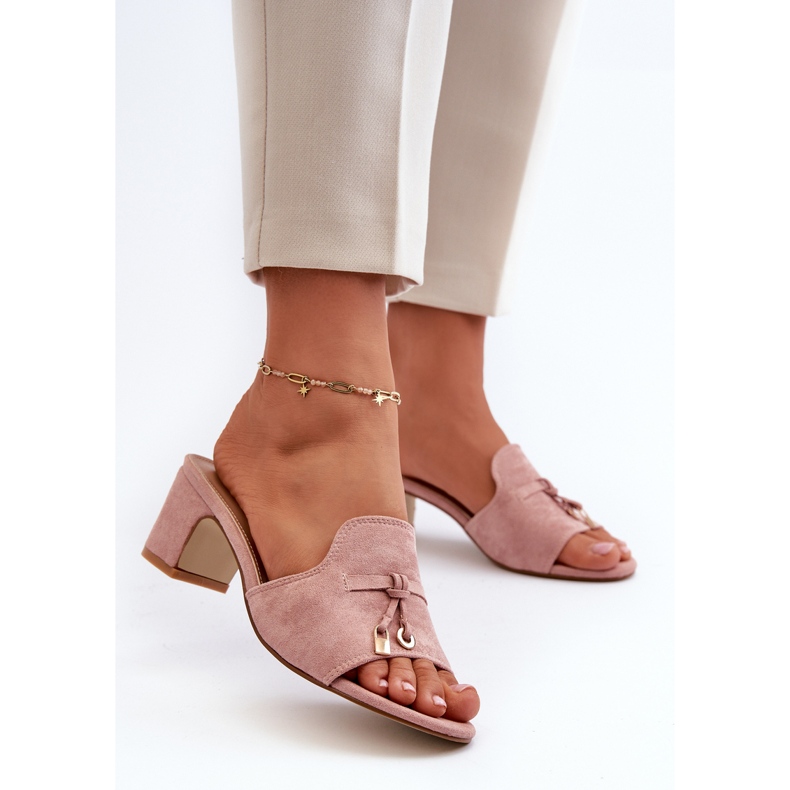 Chinelos femininos com salto alto em camurça ecológica, rosa Jemenna 2 Chinelos femininos com salto alto em camurça ecológica, rosa Jemenna 2