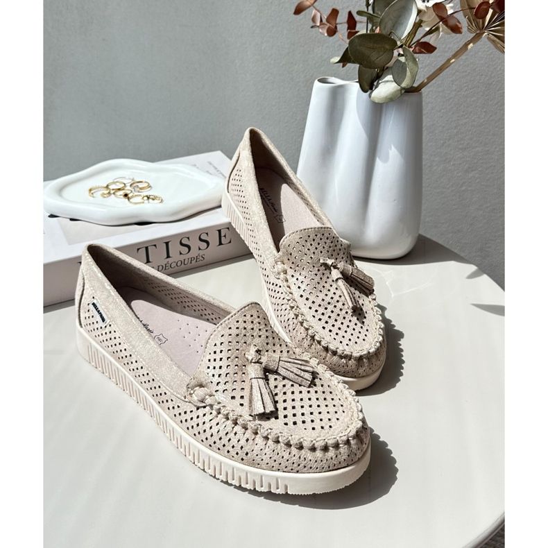 Mocassins femininos abertos em camurça ecológica, Golden Tinami dourado 1