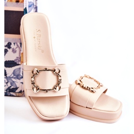 S.Barski Chinelos femininos de couro bege elegantes com decoração dourada 3