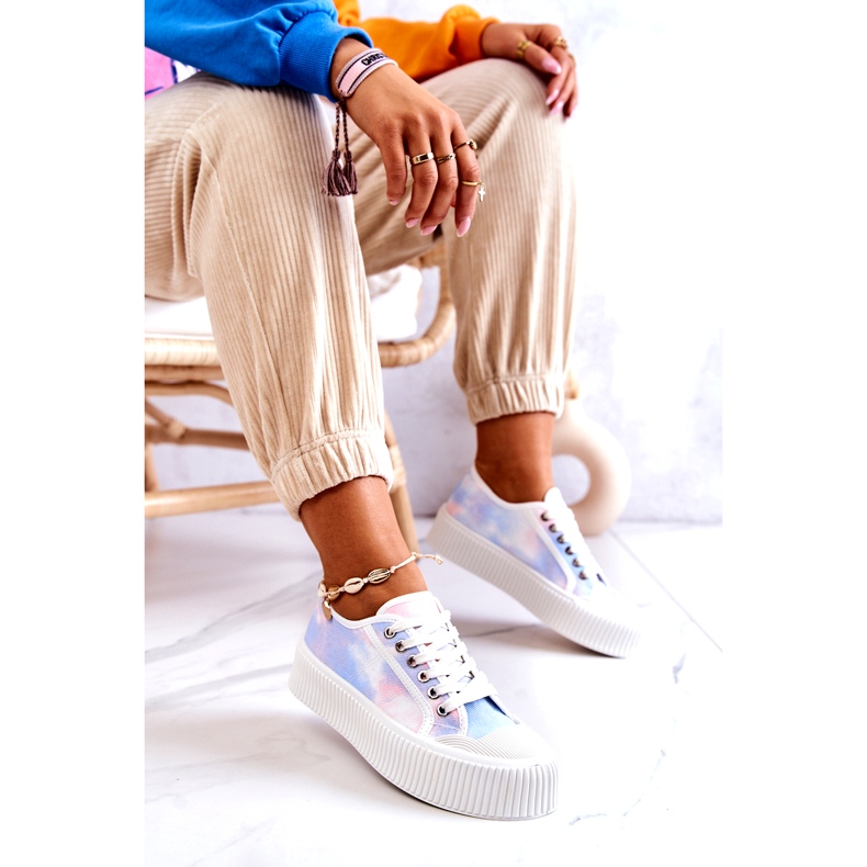 Tênis femininos baixos na plataforma de rosa azul multicolorido 4