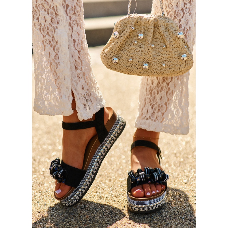 S.Barski Sandálias femininas na cunha e plataforma com decorações S. Barski Hy056 Black preto 2