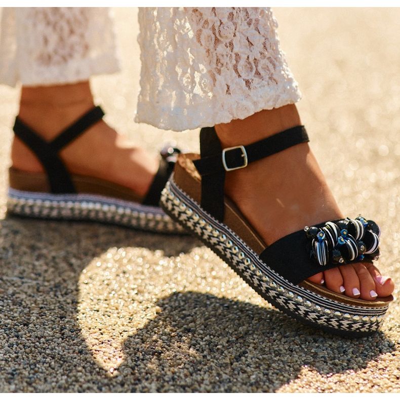 S.Barski Sandálias femininas na cunha e plataforma com decorações S. Barski Hy056 Black preto 3