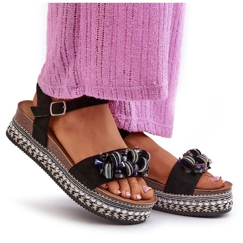 S.Barski Sandálias femininas na cunha e plataforma com decorações S. Barski Hy056 Black preto 4