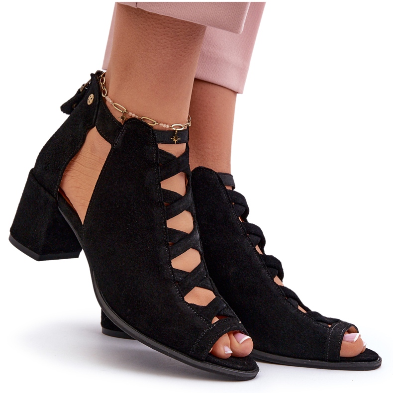 Sandálias femininas de camurça de salto alto Maciejka 06456-01 pretas preto 8