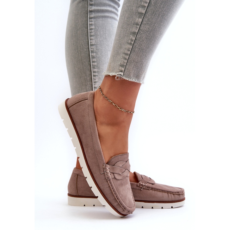 Mocassins femininos de camurça ecológica, bege escuro Nestalia 7