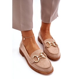 Vinceza Mocassins femininos de camurça bege com decoração dourada 2