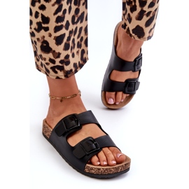 Evento Chinelos femininos em plataforma de cortiça com fivelas, preto Klinesta 2