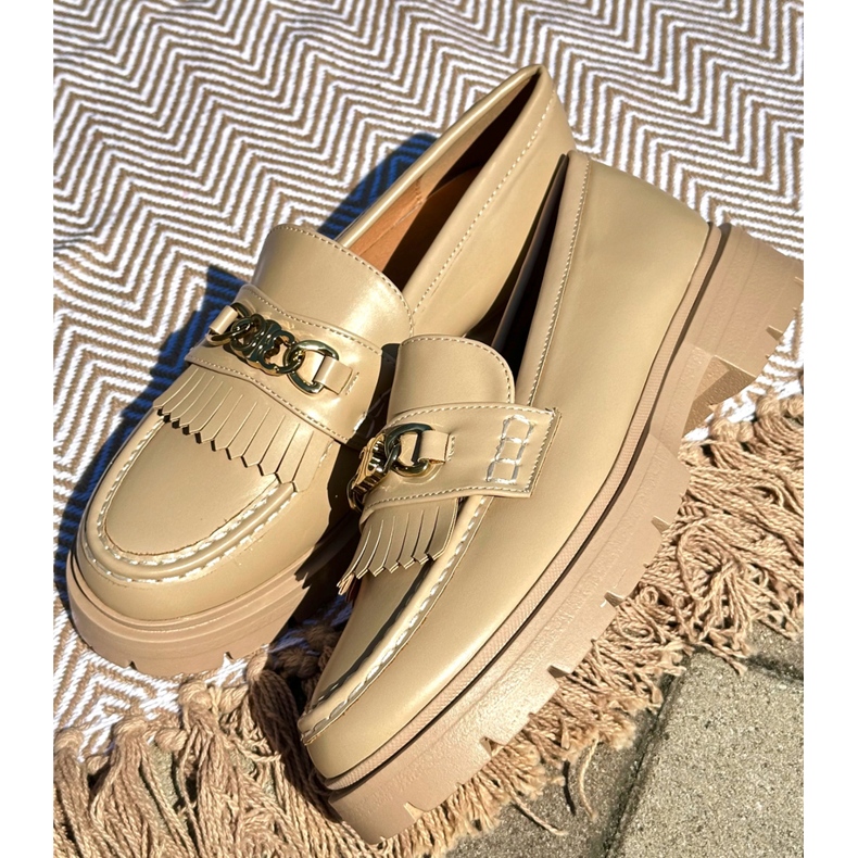 PH2 Mocassins femininos de couro ecológico com decoração dourada, bege Zanita 1