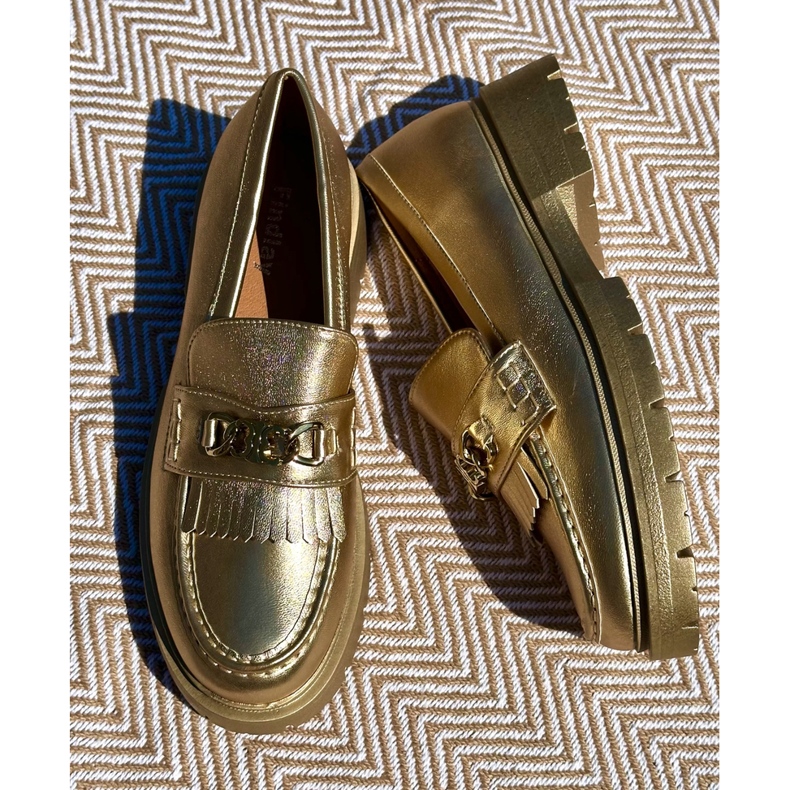 PH2 Mocassins femininos de couro ecológico com decoração dourada Zanita dourado 2