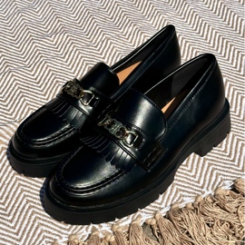 PH2 Mocassins femininos de couro ecológico com decoração dourada, Zanita preto 2