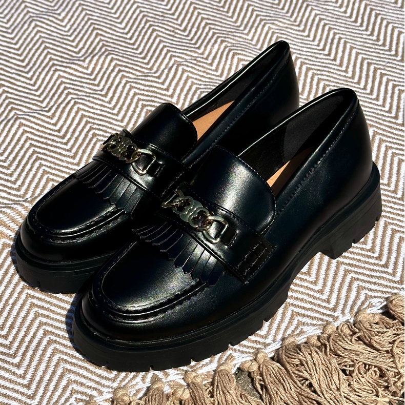 PH2 Mocassins femininos de couro ecológico com decoração dourada, Zanita preto 2